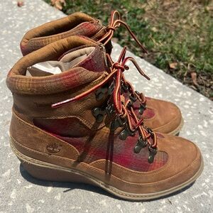 Timberland Amston Pendleton Wedge Lace-up Booties Saddle Leather w/ Plaid Inlays